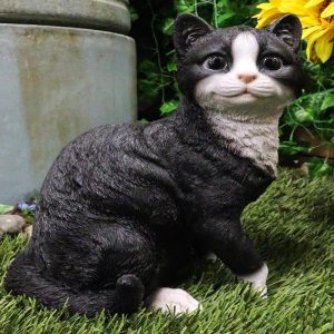 Ebros Lifelike Sitting Tuxedo Black and White Cat with Paw Up Statue 10.25" Tall Realistic Glass Eyes Hand Painted Feline Cats Kittens Kitties Animal Pet Sculpture Decor Figurine