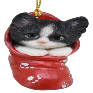 Ebros Realistic Black And White Tuxedo Cat Kitten In The Sock Small Hanging Ornament Figurine With Glass Eyes Adorable Holiday Festive Season Decor Sculpture For Christmas Trees Animal Pet Collectible