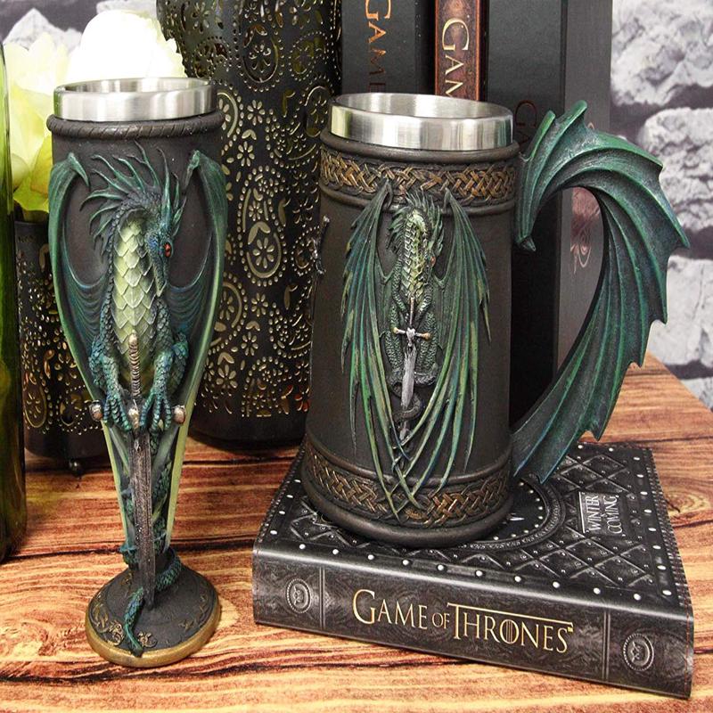 Ebros Ruth Thompson Dragon's Lair Skull Blade Drake Mug And Wine Goblet Set