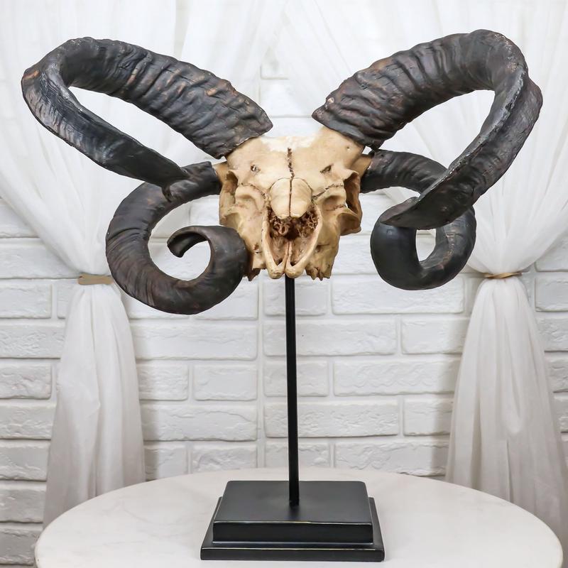 Large Alien Mutated Quad Horns Ram Skull Sculpture On Museum Base Stand 17.25"H