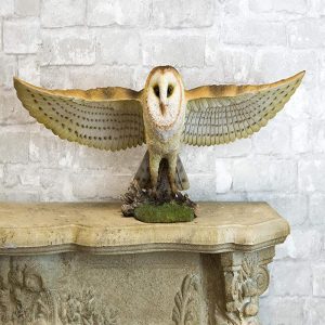 Large Realistic Common Barn Owl Swooping Over Tree Stump Glass Eyes Statue 30"L