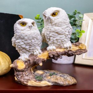 Ebros Night Spies Two White Baby Owls Perching On Tree Branch Statue 5.75" H