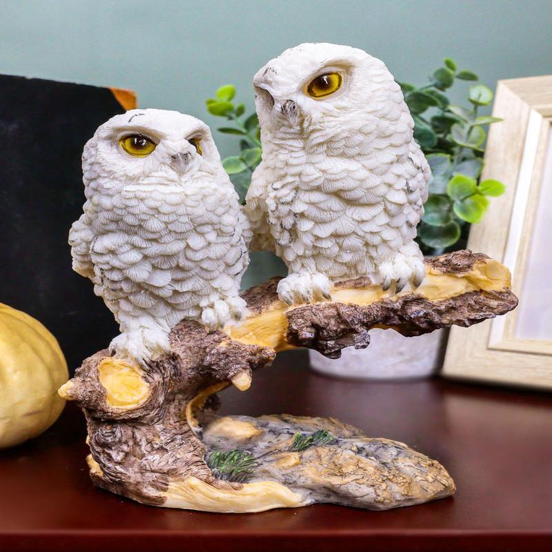 Ebros Night Spies Two White Baby Owls Perching On Tree Branch Statue 5.75" H