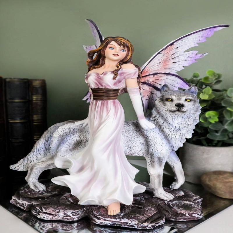 Ebros Purple Winged Fairy Diana with Alpha Snow Direwolf Wolf Statue 10" Tall