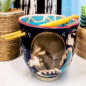 Ebros Rabbits Full Moon Ramen Noodles Bowl With Built In Chopsticks & Rest Set