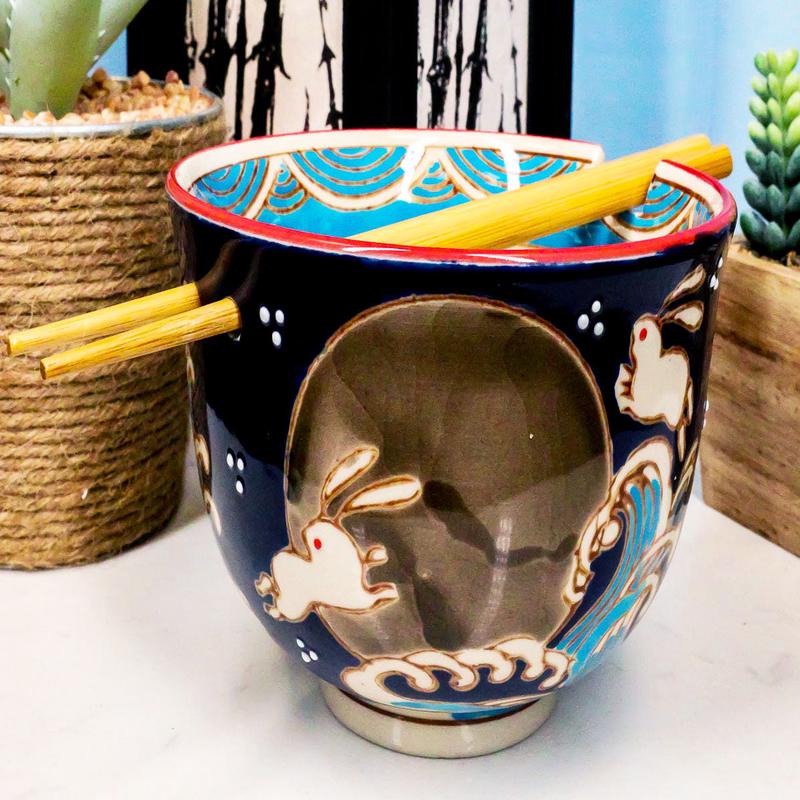 Ebros Rabbits Full Moon Ramen Noodles Bowl With Built In Chopsticks & Rest Set