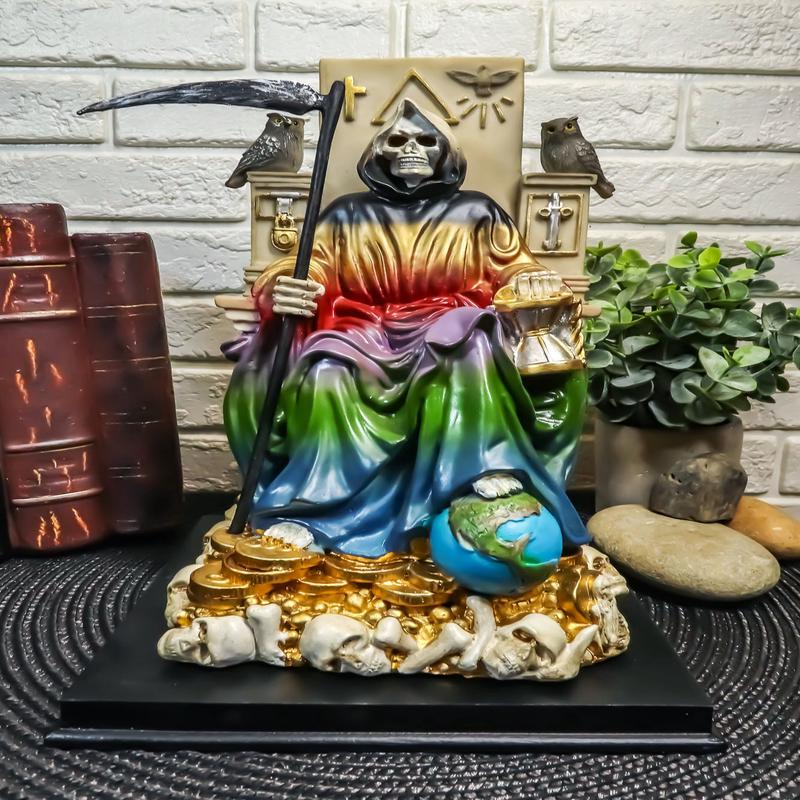 Ebros Rainbow Robe Holy Santa Muerte Seated On Throne with Scythe Statue 10.5"H