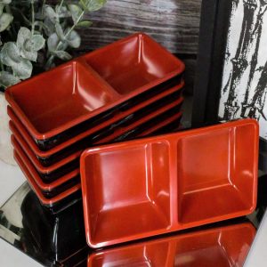 Ebros Red And Black Melamine Traditional Design Condiments Ketchup BBQ Soy Sauce Dipping Bowl or Dish With Divider 2 Partition Compartments Housewarming Gifts For Sushi Asian Dining Restaurant Supply
