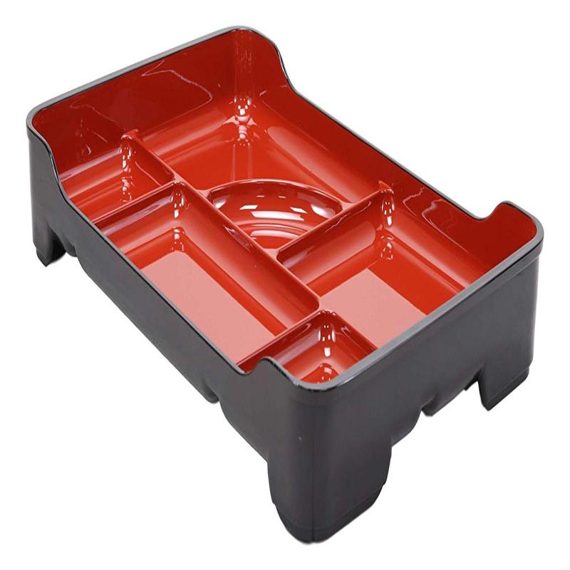 Ebros Red And Black Traditional Japanese Large Bento Box With Dividers 6 Compartments Lacquered Copolymer Plastic Serving or Display Platter Tray 14" by 9.25" Made In Japan Dining Dinner Serveware (1)