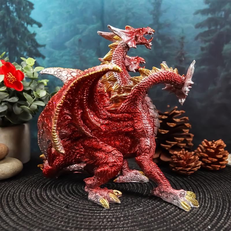 Ebros Red Fire Three Headed Dragon Hydra Roaring Statue 8" Tall Figurine Decor