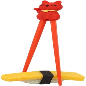 Ebros Red Maneki Neko Cat Reusable Training Chopsticks Set With Silicone Helper