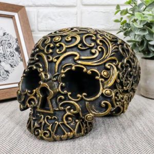 Ebros Royal Persian Black and Gold Keyhole Skull Statue 6" Long Skeleton Decor