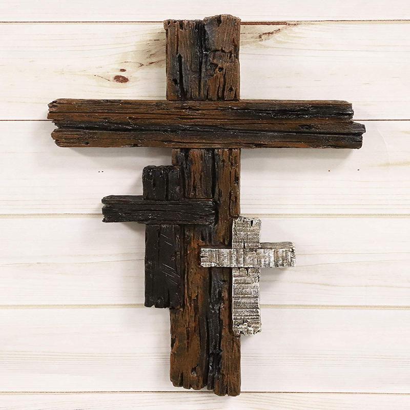 Ebros Rustic 3 Tone Faux Wood Walnut Birch Driftwood Color Wall Cross 16" Tall