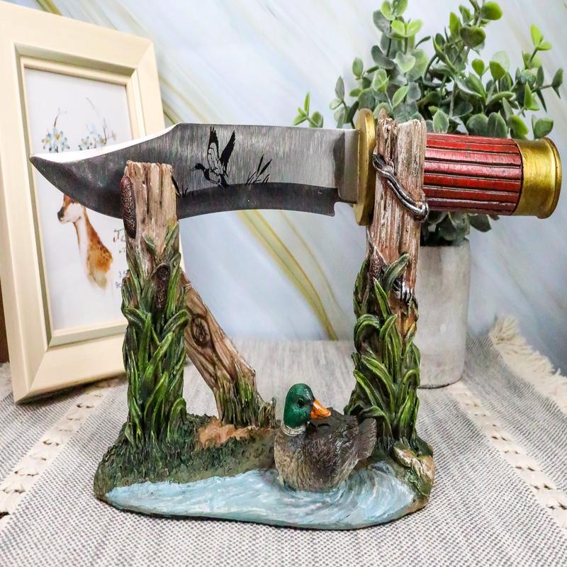 Ebros Rustic Duck Mallard By Barb Fenced Pond Knife Display Holder Statue Set