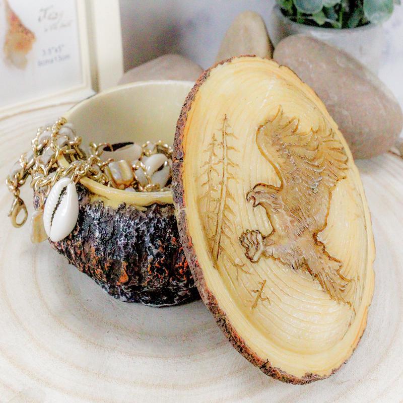 Ebros Rustic Faux Wood Swooping American Bald Eagle Round Jewelry Box Figurine 4" W