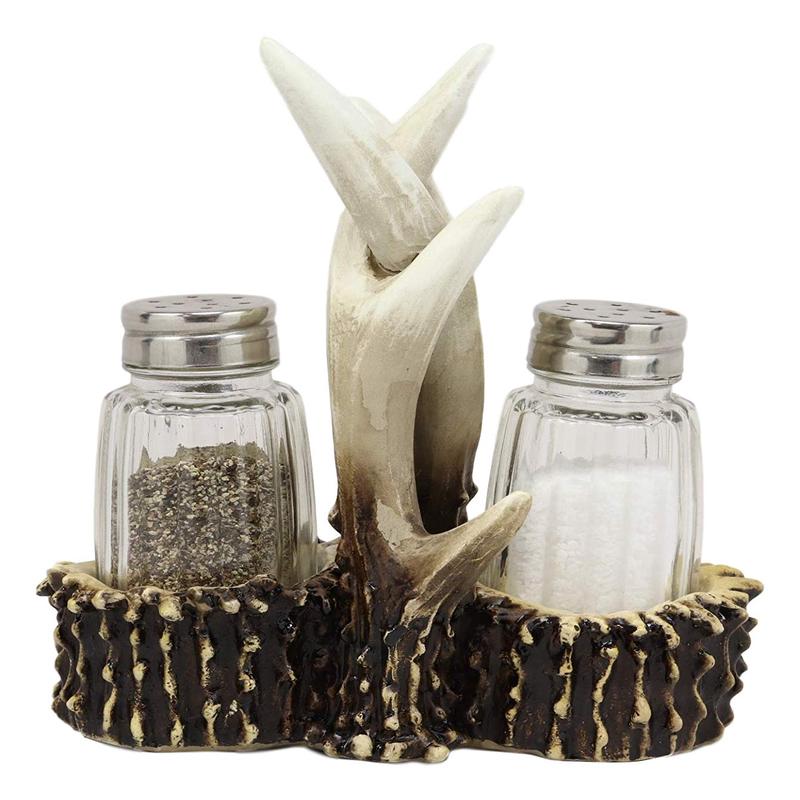 Ebros Rustic Romantic Love Symbol Entwined Deer Antlers Figurine Display Holder With Glass Salt And Pepper Shakers Home And Kitchen Dining Decorative Statue Cabin Lodge Decor