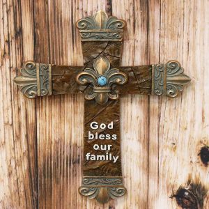 Ebros Rustic Southwest Fleur De Lis with Turquoise Gem Tuscan Scroll Art  Cross