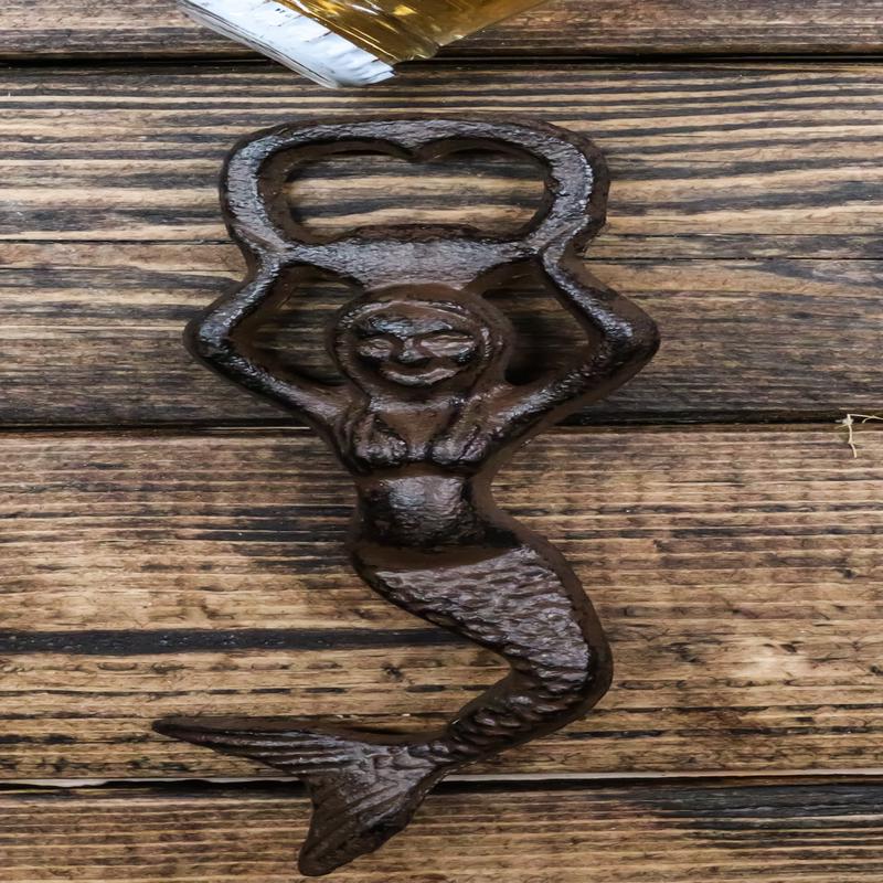 Ebros Rustic Vintage Heavy Duty Cast Iron Metal Nautical Coastal Goddess Siren Mermaid Soda Beer Bottle Cap Opener 7" High Mermaids Under The Sea Party Decor Accent (4)