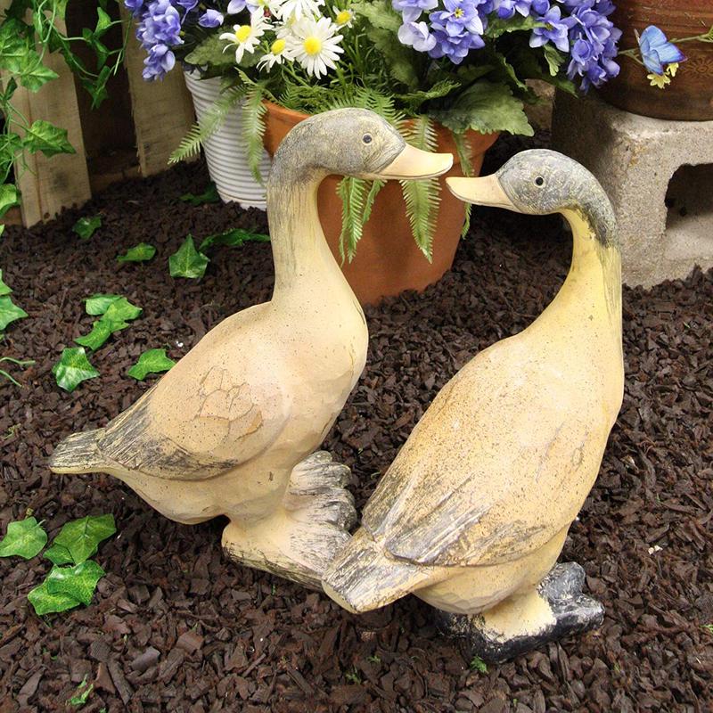 Ebros Rustic Weathered Crackle Faux Wood Finish Pair of Cottage Ducks Garden Statue Set 12.5" Tall Home Decor Country Farm Outdoors Lawn Patio Pool Pond Duck Mallard Figurines