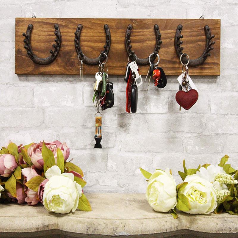 Ebros Rustic Western Horse Hoof Horseshoes and Nails Coat Key Hat Leash Backpack Wall Hanging Hooks with Wood Plank 25.5" Wide Country Farm Cowboy Decorative Organizer for Mudroom Main Entrance Walls