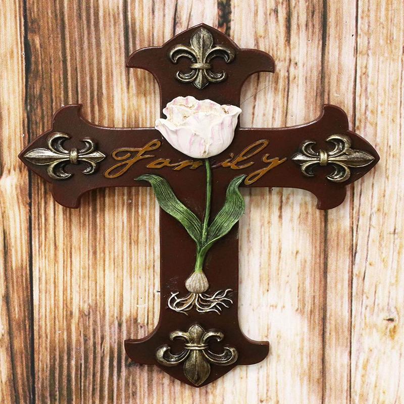 Ebros Tuscan Fleur De Lis Emblems with Pink Rose of Sharon Wall Cross Decor 10"H