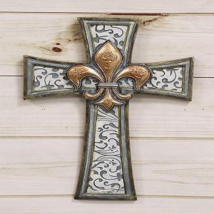 Rustic Southwestern Tuscan Fleur De Lis Emblem With Scroll Art Wall Cross Decor