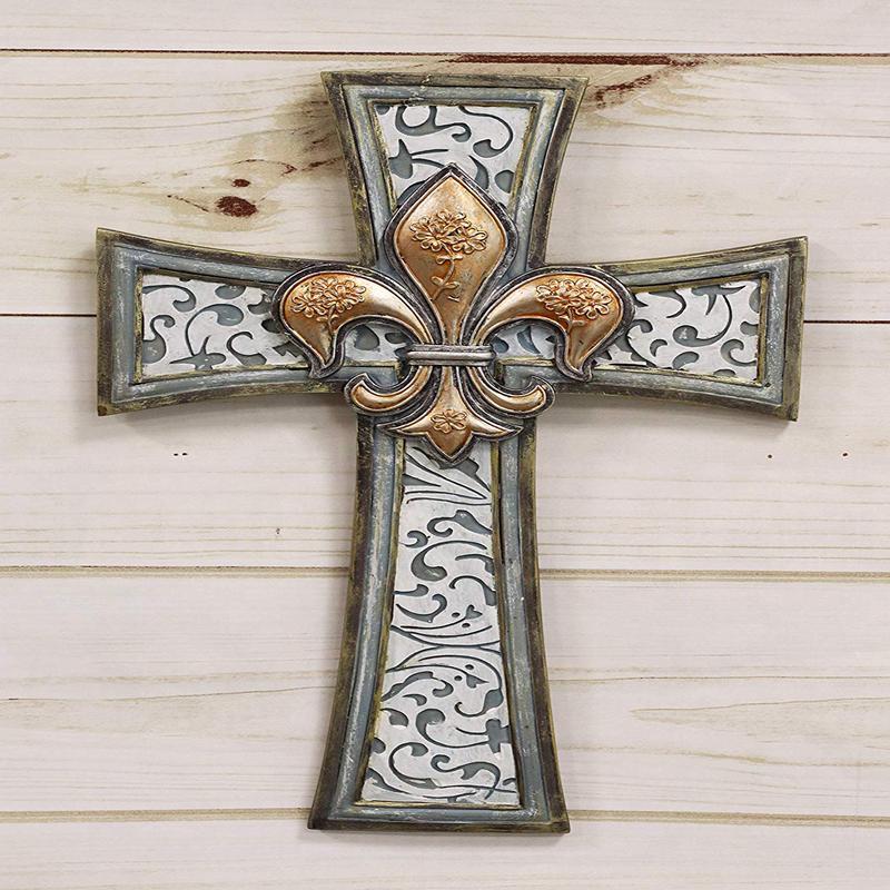 Rustic Southwestern Tuscan Fleur De Lis Emblem With Scroll Art Wall Cross Decor