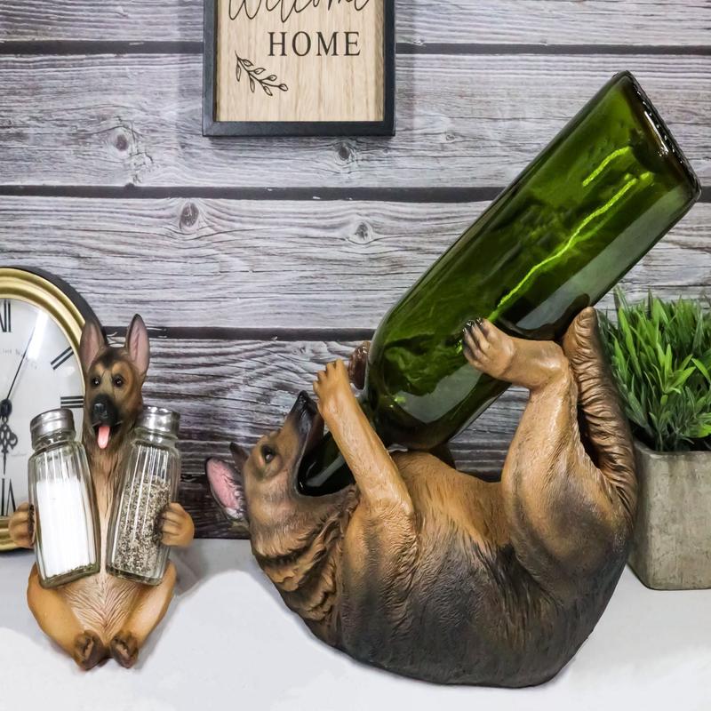 Ebros Dog German Shepherd Wine Holder and Salt Pepper Shakers Holder Set