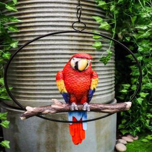 Ebros Hanging Scarlet Macaw Parrot Perching on Branch in Metal Round Ring Figurine 13.5" H