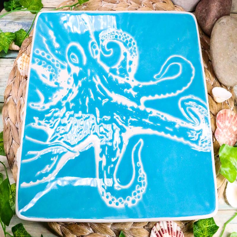 Ebros Nautical Giant Octopus Blue Large Dinner Plate Set of 2 Square 10.75"D
