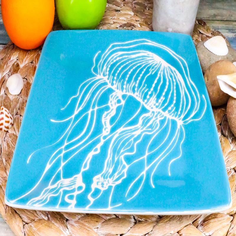 Ebros Nautical Jellyfish Abstract Blue Salad Dessert Plate Set of 2 Square 8.5"