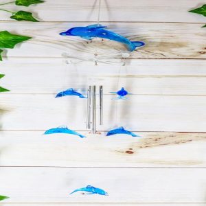 Ebros Nautical Marine Blue Swimming Dolphin Wind Chime 22" Long Acrylic Glass with Aluminum Rods