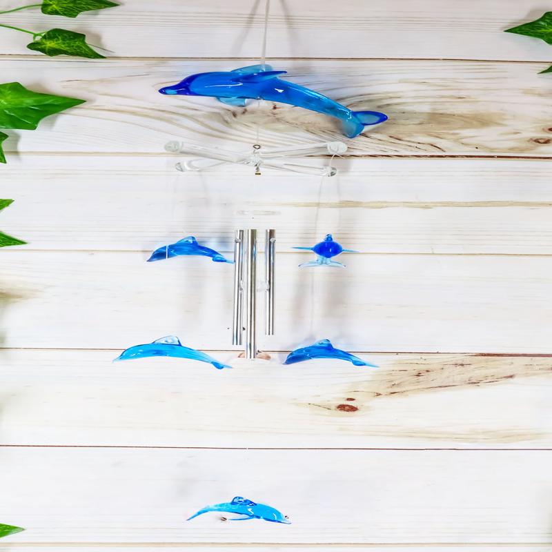 Ebros Nautical Marine Blue Swimming Dolphin Wind Chime 22" Long Acrylic Glass with Aluminum Rods