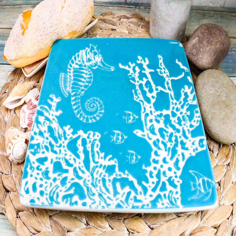 Ebros Nautical Seahorse By Corals Blue Salad Dessert Plate Set of 2 Square 8.5"