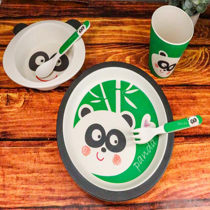 Ebros Panda 5 Piece Organic Bamboo Dinnerware Set For Kids Children Toddler Baby