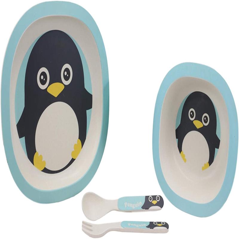 Ebros Penguin 5 Piece Organic Bamboo Dinnerware Set For Kids Children Toddler