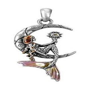 Ebros Pewter Mermaid Luna Sitting on Moon Pendant with Enameled Highlights