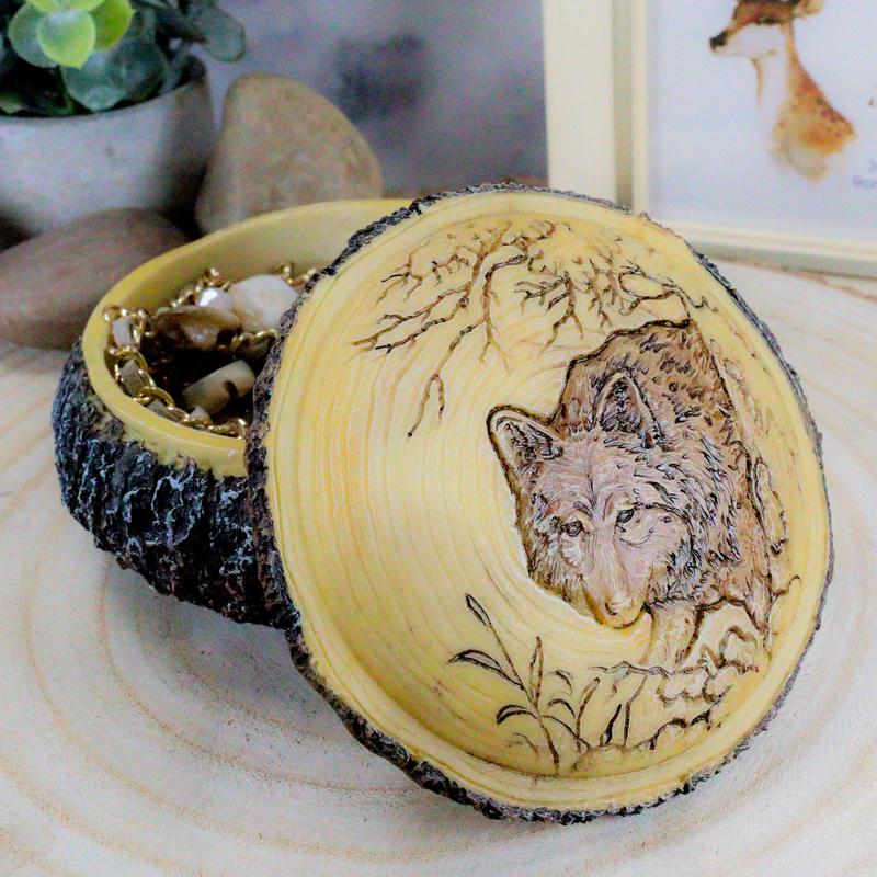 Ebros Rustic Faux Wood Alpha Wolf Jewelry Box Figurine 4" Diameter