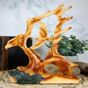 Ebros Rustic Faux Wood Carving Design Wildlife American Bald Eagle Landing Statue Wings of Glory Eagles As USA Patriotic Decor Sculpture for 4th of July Independence Day Figurine