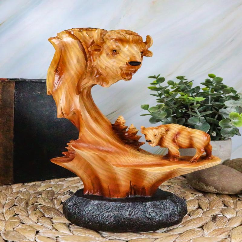 Ebros Rustic North American Bison Buffalo Wildlife Scene Figurine Faux Wood 9"H