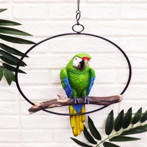 Hanging Military Macaw Parrot Perching on Branch in Metal Round Ring 13.5"H