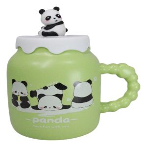 Acrobatic Green Panda Bears Green Mug With Anime Panda Figurine Handle Lid