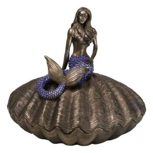 Beautiful Mermaid Sitting On Giant Sea Shell Decorative Jewelry Box Figurine