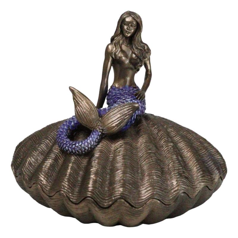 Beautiful Mermaid Sitting On Giant Sea Shell Decorative Jewelry Box Figurine