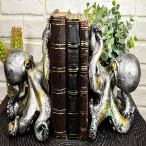 Ebros Nautical Coastal Sea Monster Octopus Bookends Set Statue in Faded Bronze Antique Finish 6.25" H
