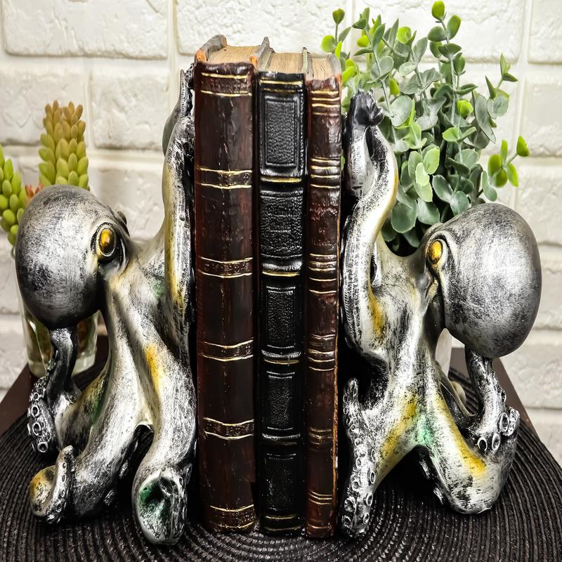 Ebros Nautical Coastal Sea Monster Octopus Bookends Set Statue in Faded Bronze Antique Finish 6.25" H