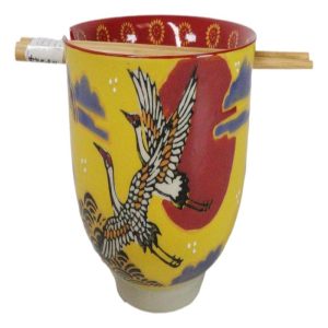 Japanese Cranes With Red Moon Yellow Donburi Ramen Soup Bowl With Chopsticks Set