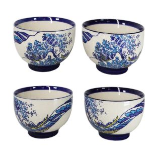 Pack Of 4 Blue Japanese Hokusai Great Wave Ceramic Soup Rice Salad Bowls 22oz