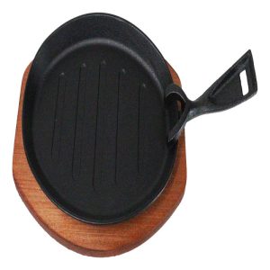 Personal Size Cast Iron Oval Fajita Steak Pan Skillet With Wood Trivet Base