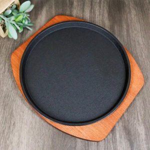 Personal Size Cast Iron Round Fajita Steak Pan Skillet With Wood Trivet Base8"D